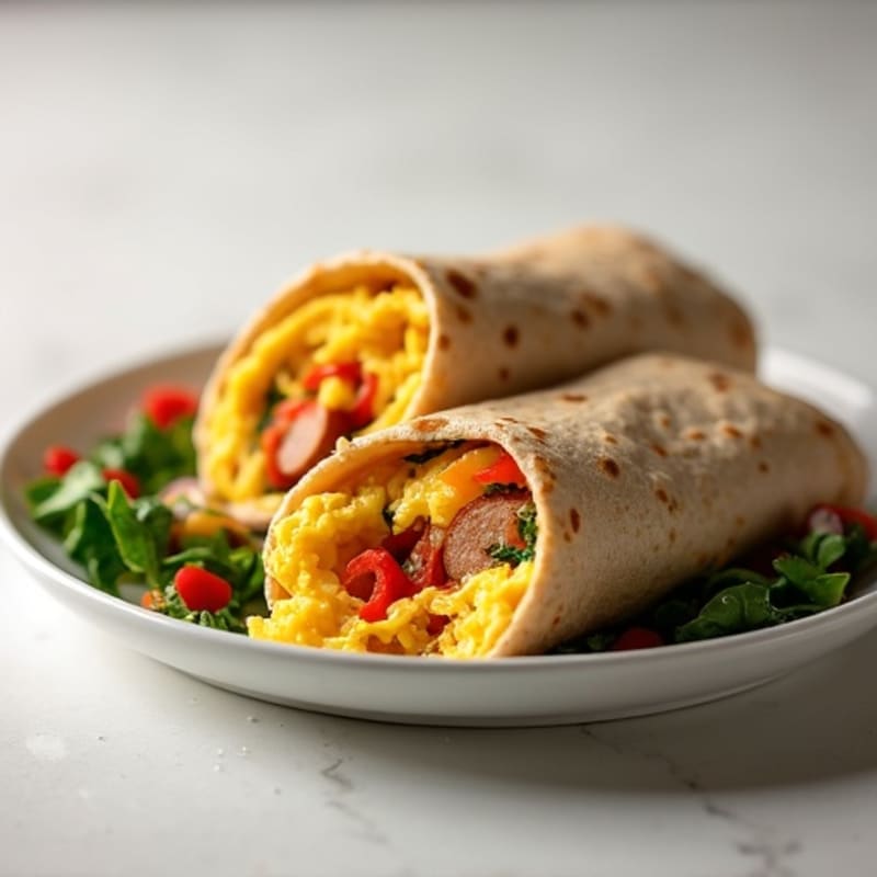Lean Turkey Sausage and Scrambled Egg Whole Wheat Burrito with Sautéed Veggies