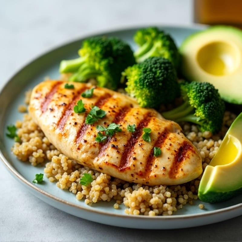 Grilled Chicken Breast with Quinoa, Steamed Broccoli & Avocado Drizzle