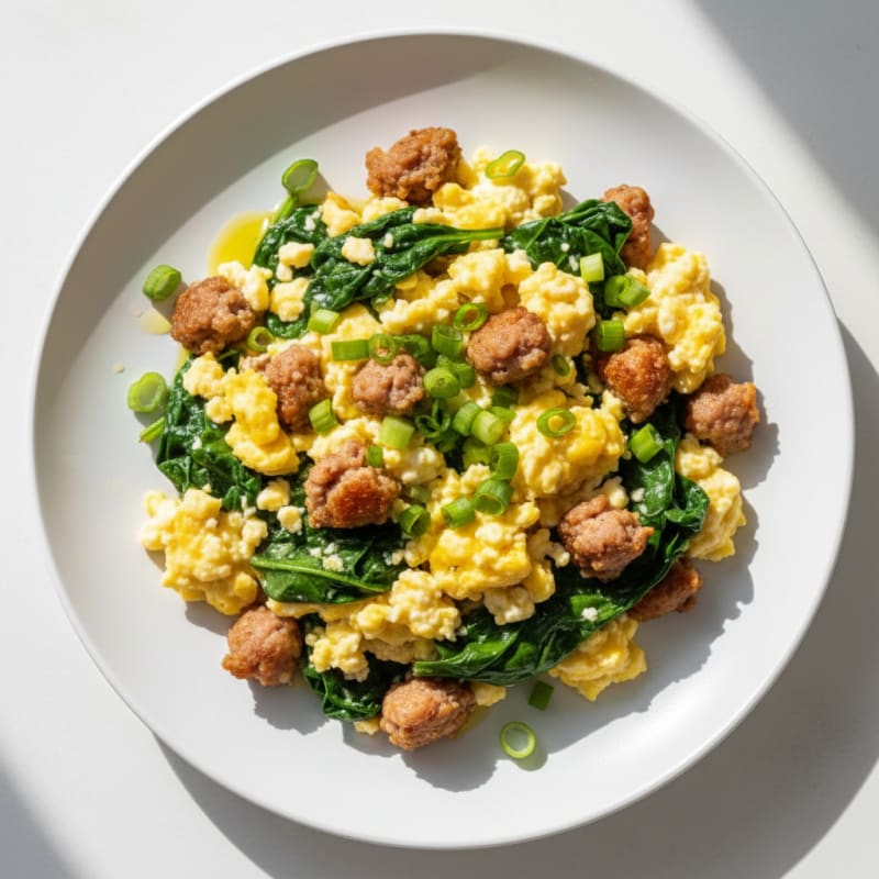 Cottage Cheese Scramble with Turkey Sausage and Spinach