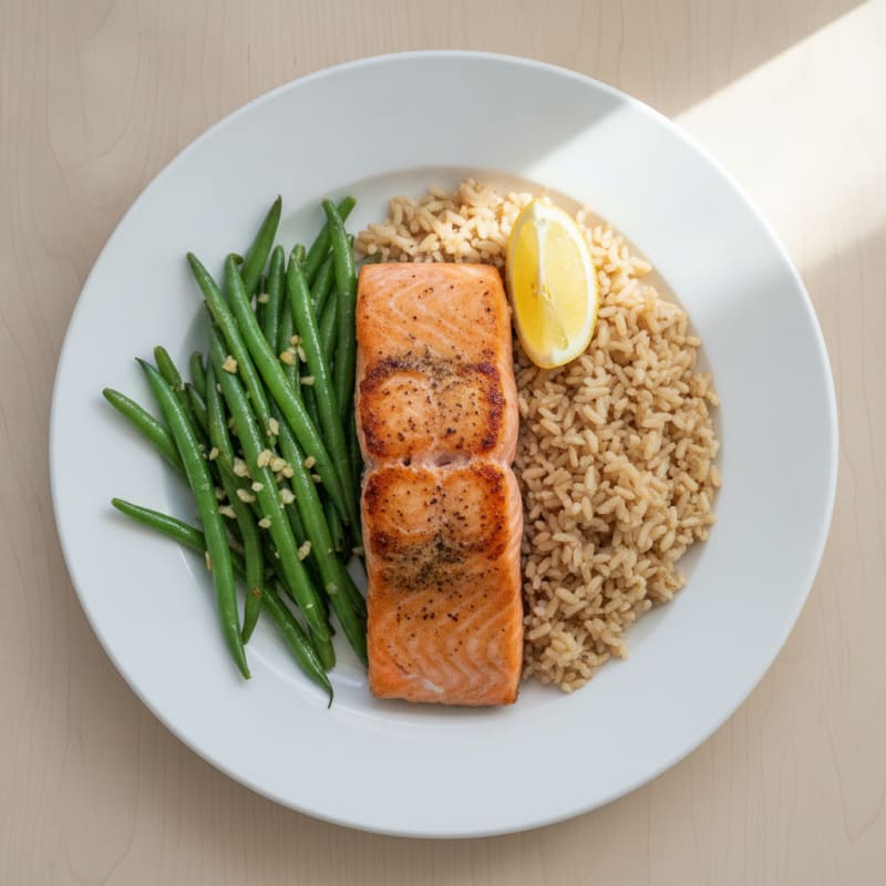 Seared Salmon Fillet with Garlic Green Beans and Brown Rice
