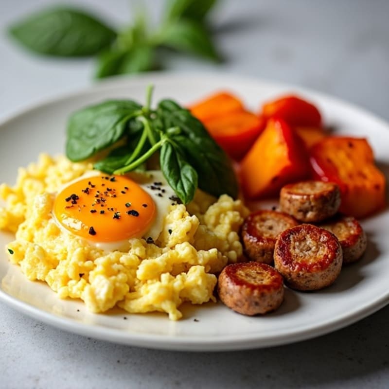 Egg White Scramble with Turkey Sausage and Roasted Sweet Potatoes