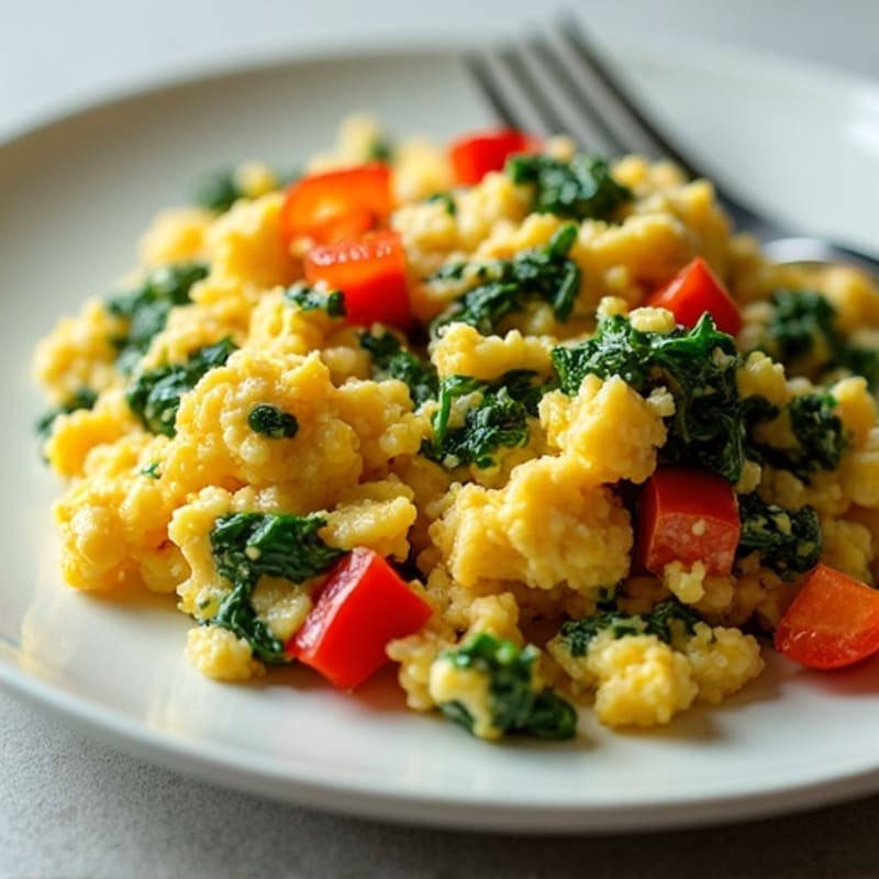 Fluffy Scrambled Eggs with Sautéed Spinach and Bell Peppers