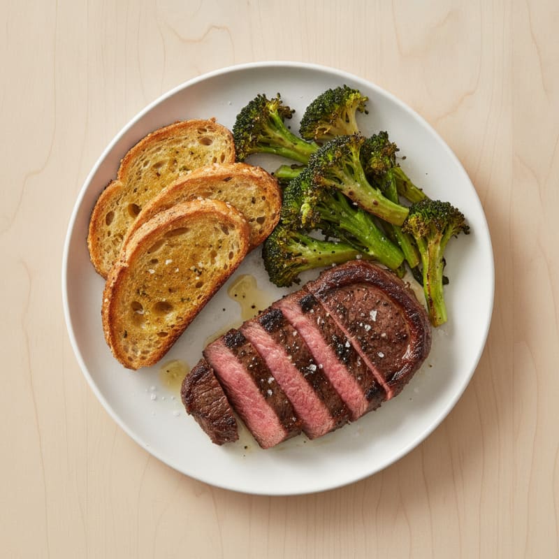 Seared Lean Beef Steak with Roasted Broccoli and Garlic Toast