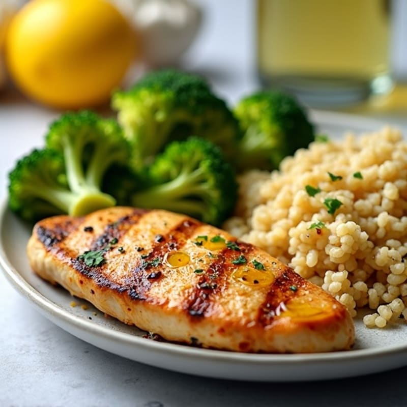 Grilled Lemon-Garlic Chicken Breast with Quinoa and Roasted Broccoli