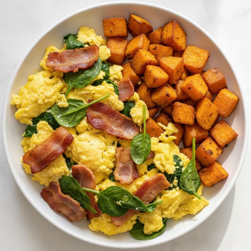 Crispy Turkey Bacon and Egg Scramble with Roasted Sweet Potatoes
