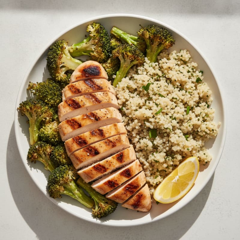 Grilled Chicken and Quinoa Bowl with Roasted Broccoli