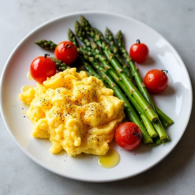 Fluffy Scrambled Eggs with Roasted Asparagus and Cherry Tomatoes