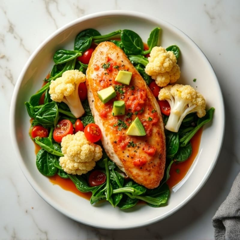 Healthy Creamy Tomato Chicken with Roasted Cauliflower and Spinach