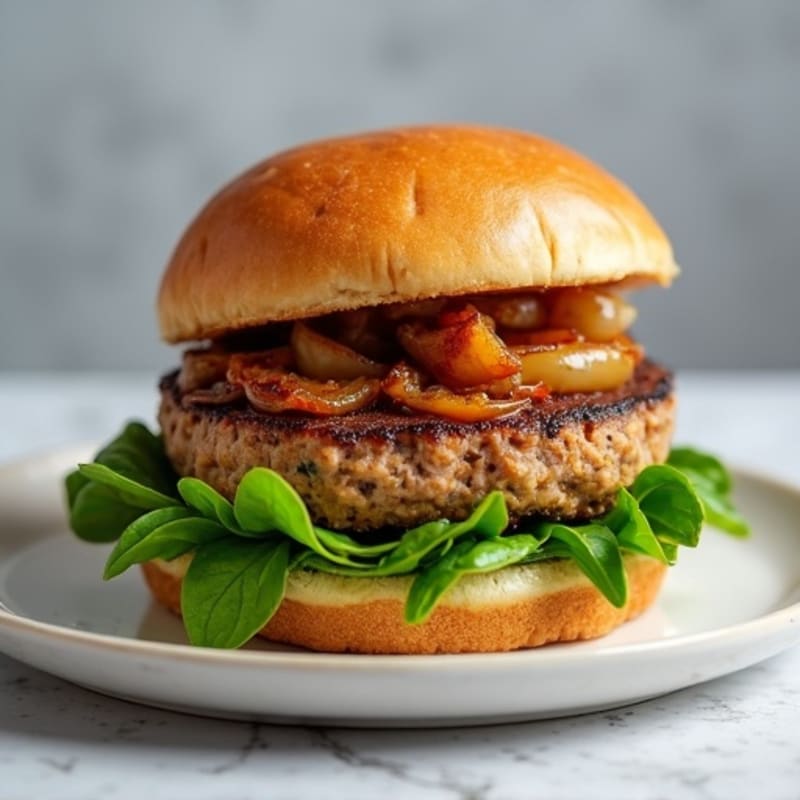 Lean Turkey Burger with Sautéed Onions and Fresh Spinach