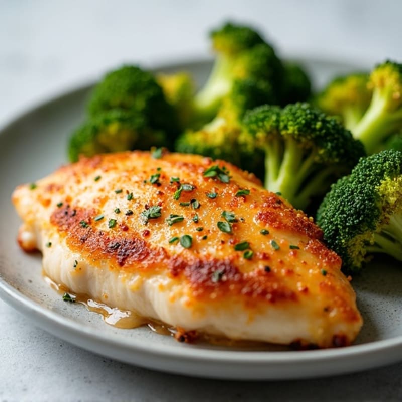 Crispy Pan-Seared Chicken Breast with Garlic Roasted Broccoli