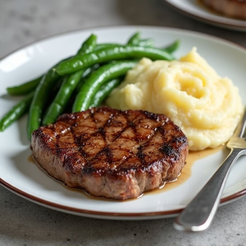 Seared Steak with Creamy Mashed Potatoes and Roasted Green Beans