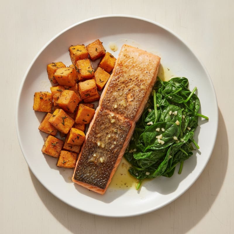 Seared Salmon with Roasted Sweet Potatoes and Wilted Spinach