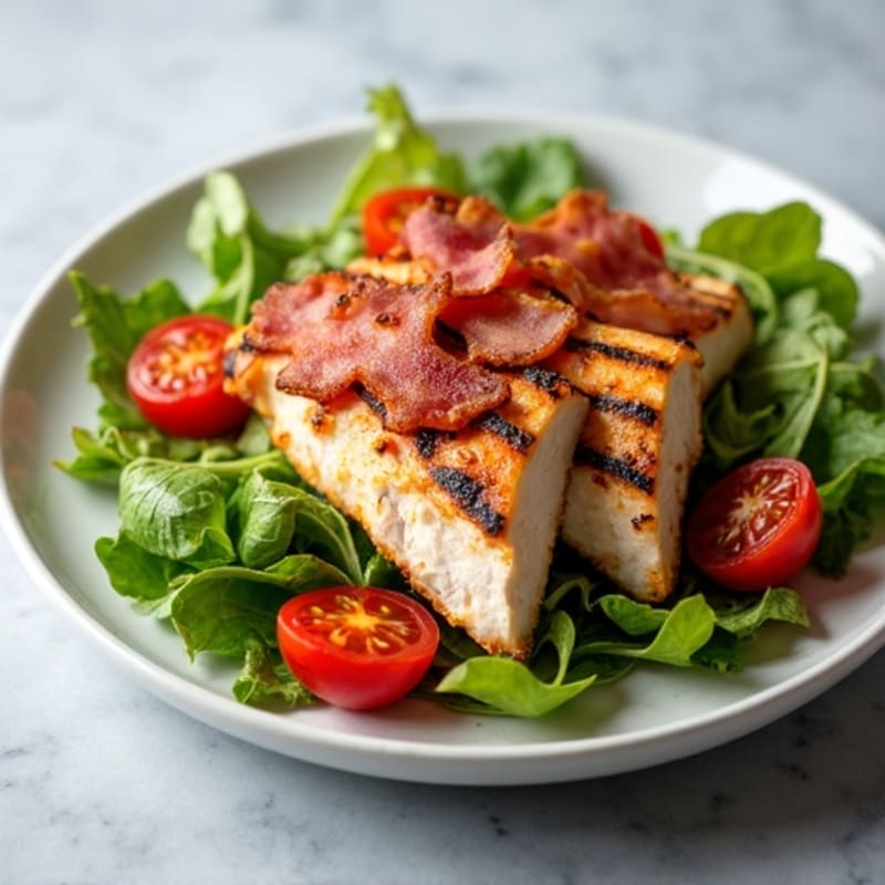 Grilled Chicken, Crispy Bacon, and Fresh Greens Salad with Roasted Tomatoes