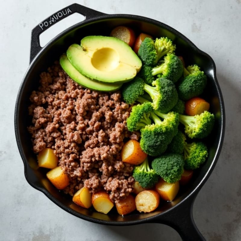 Ground Beef and Potato Skillet with Roasted Broccoli