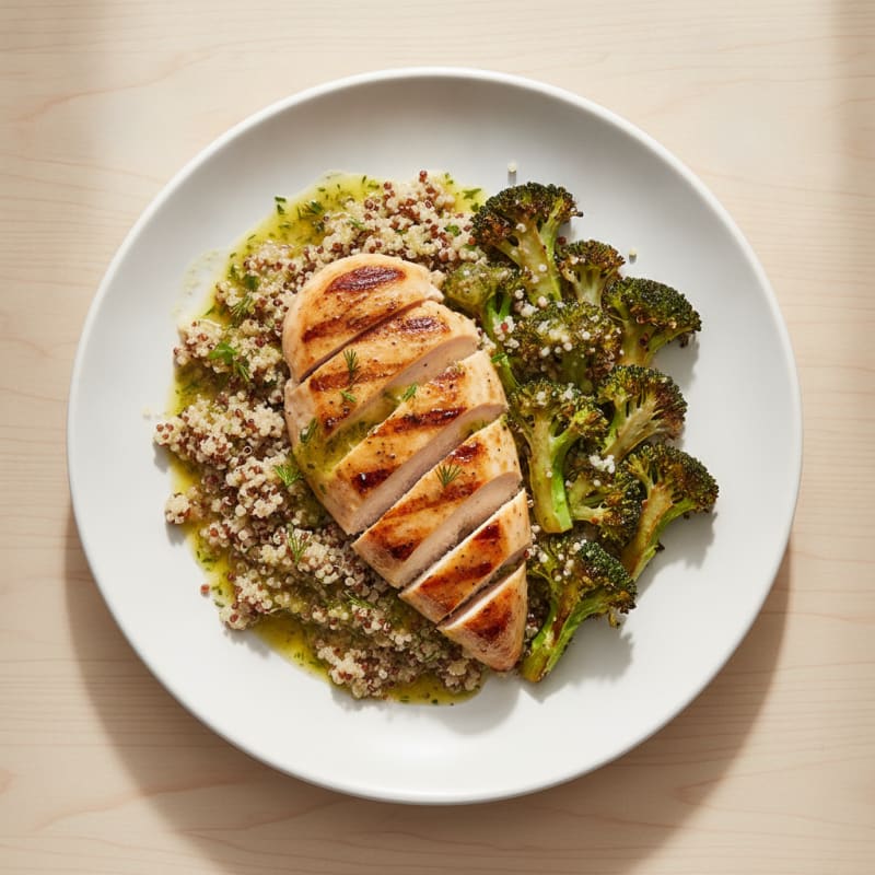 Grilled Chicken Breast Salad with Quinoa and Roasted Broccoli