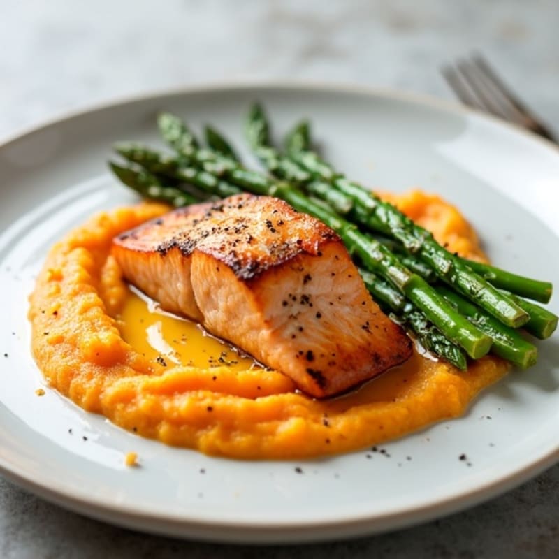 Seared Salmon with Steamed Asparagus and Sweet Potato Mash
