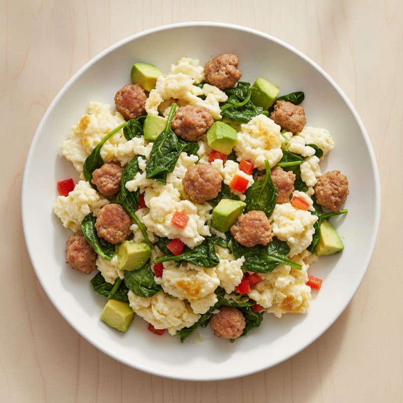 Egg White and Turkey Sausage Scramble with Sautéed Spinach