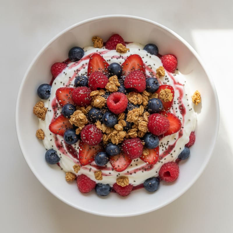 Greek Yogurt Protein Parfait with Mixed Berries and Chia Seeds