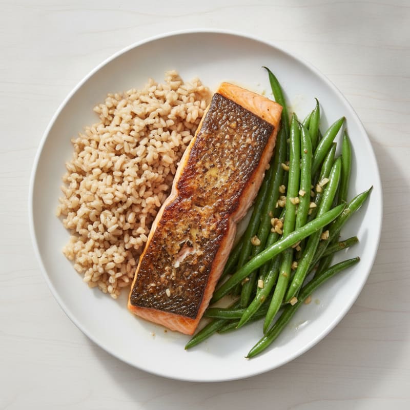 Seared Salmon with Garlic Green Beans and Brown Rice