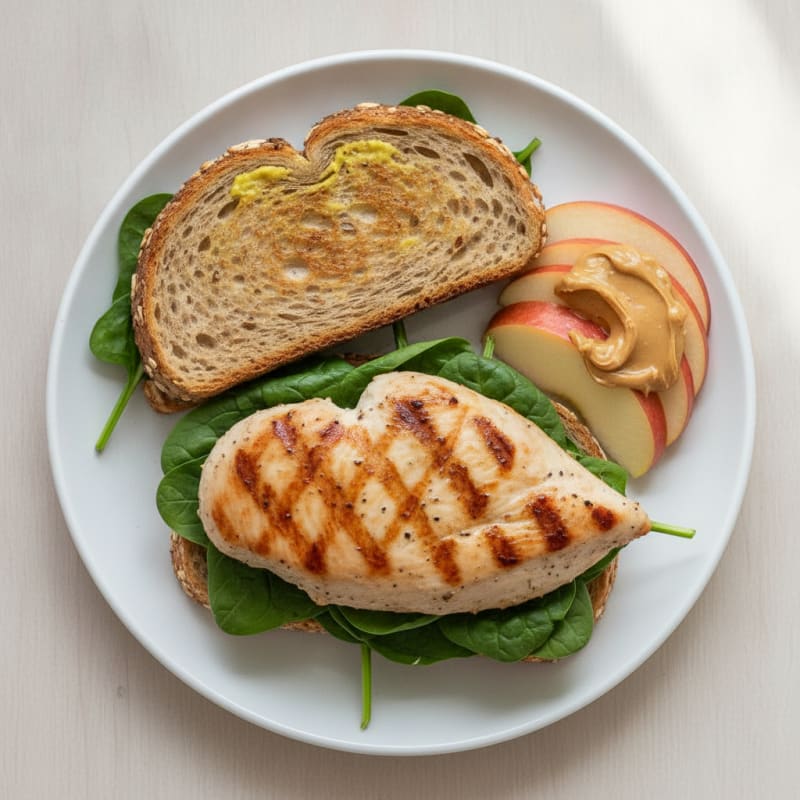 Grilled Chicken Breast Sandwich with Spinach and Apple Peanut Butter Side