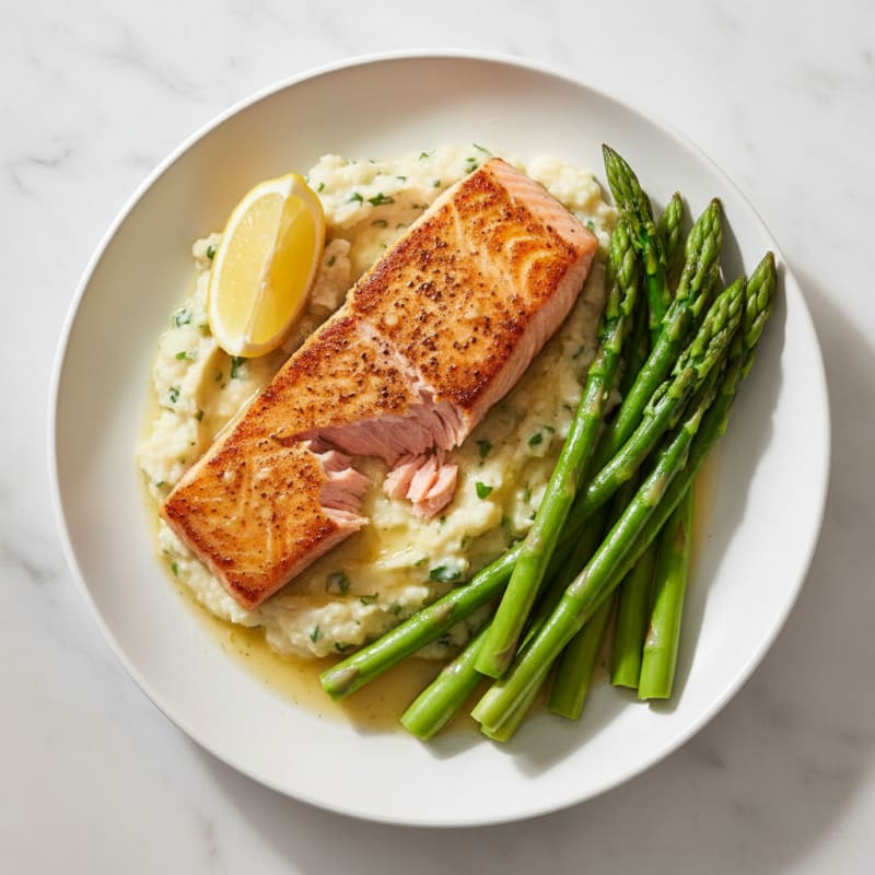 Seared Salmon Fillet with Steamed Asparagus and Cauliflower Mash