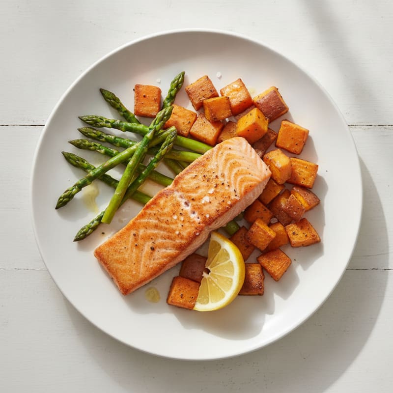 Seared Salmon with Roasted Sweet Potatoes and Asparagus