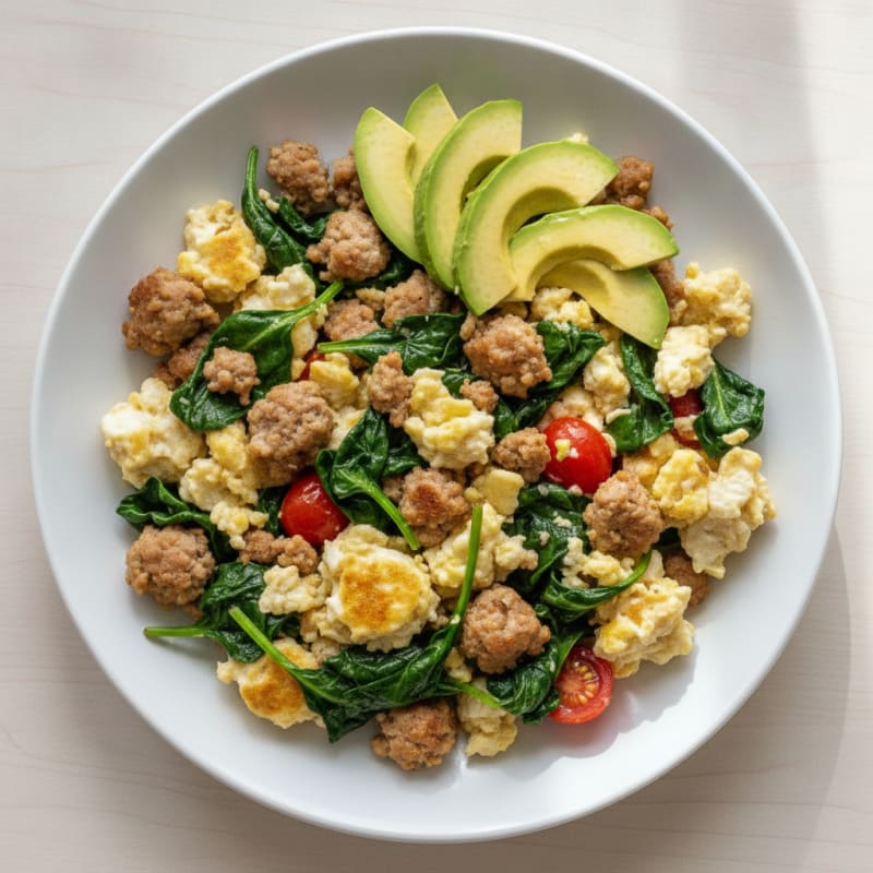 Egg White and Turkey Sausage Scramble with Sautéed Spinach
