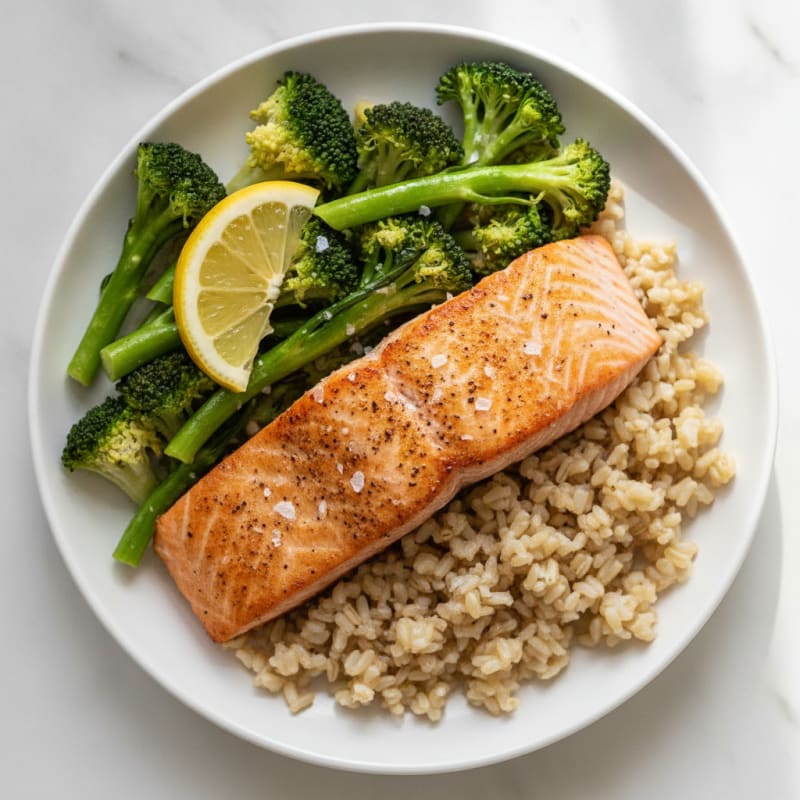 Seared Salmon with Steamed Broccoli and Brown Rice
