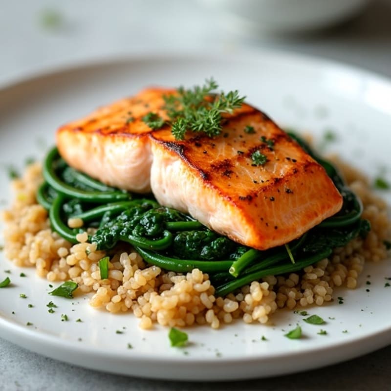 Seared Salmon with Garlic Sautéed Spinach and Brown Rice