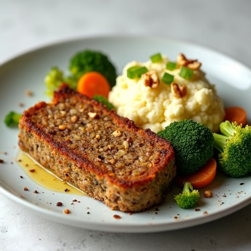 Lentil Walnut Loaf with Roasted Broccoli and Garlic Mash