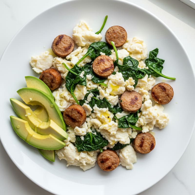 Egg White Scramble with Turkey Sausage and Sautéed Spinach