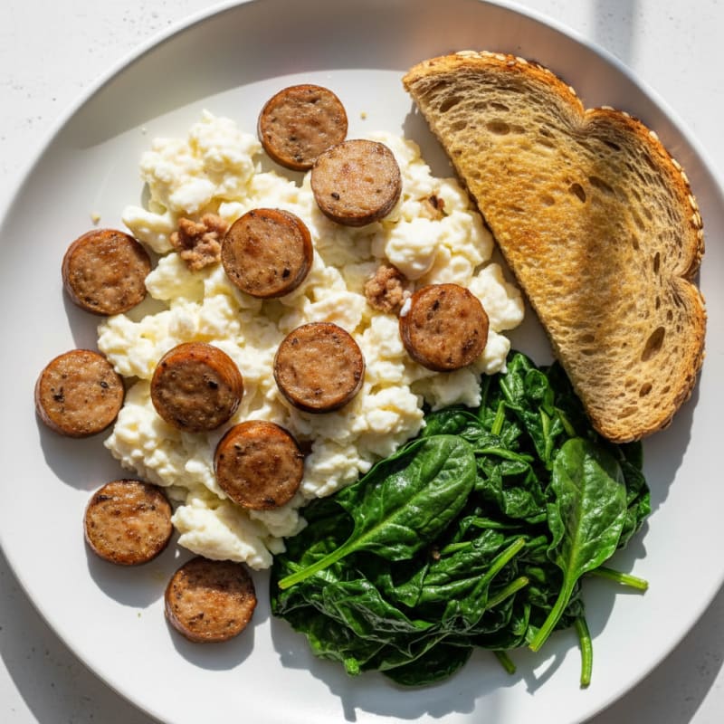 Scrambled Egg Whites with Turkey Sausage and Sautéed Spinach