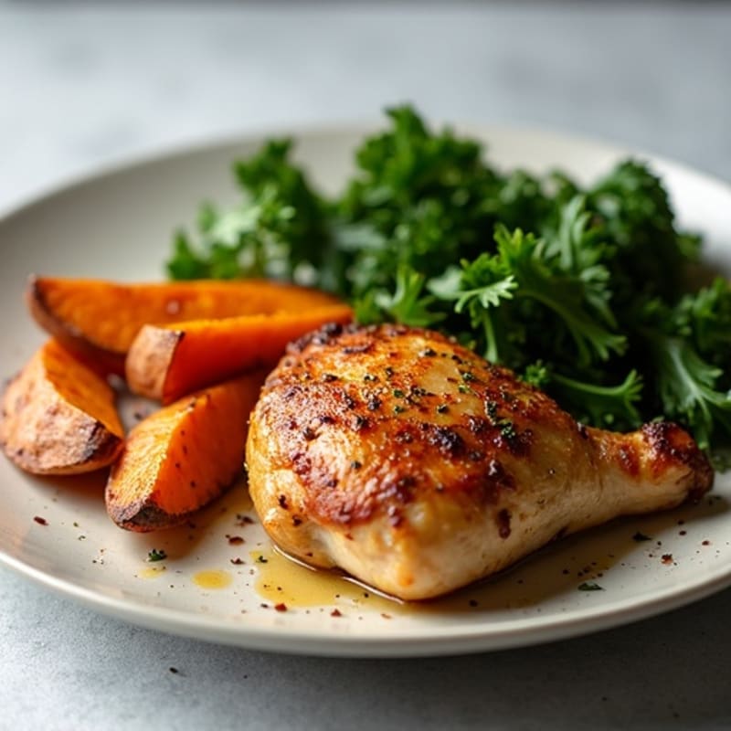 Crispy Herb-Roasted Chicken Thighs with Cinnamon Sweet Potato Wedges and Garlicky Greens