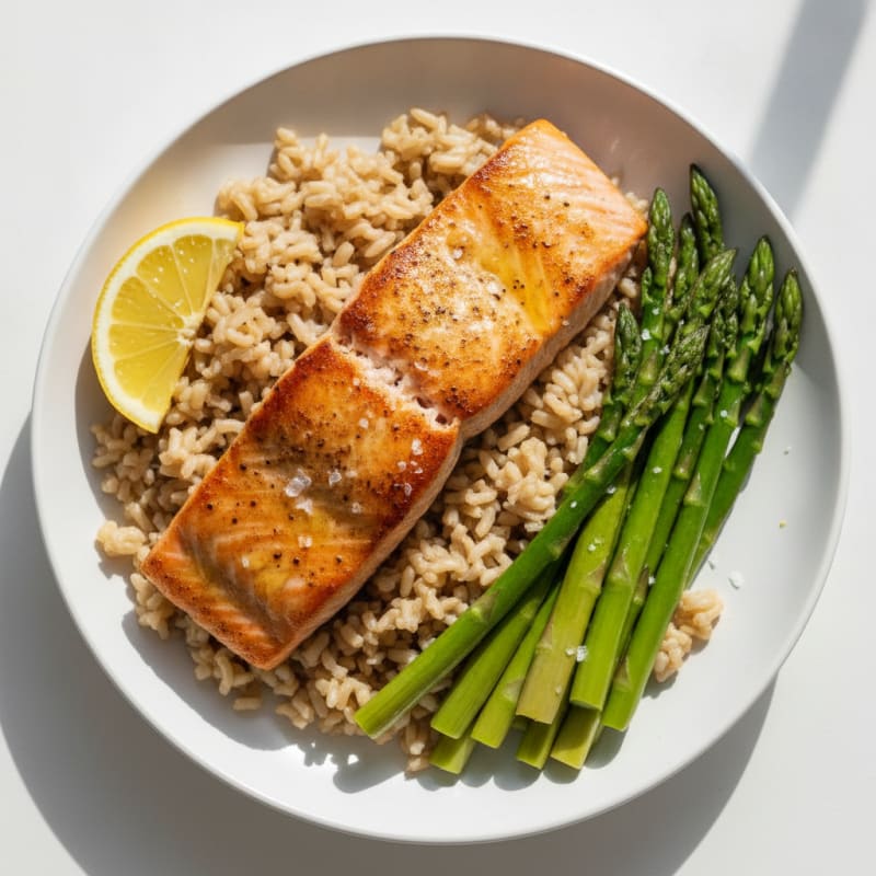Seared Salmon with Steamed Asparagus and Brown Rice