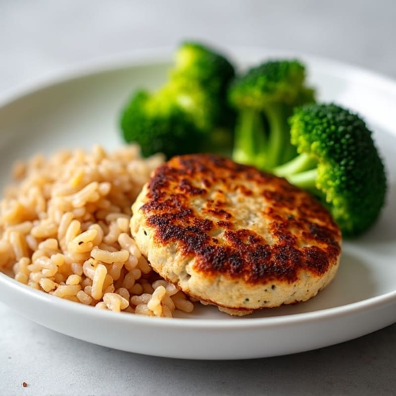 Seared Turkey Patties with Steamed Broccoli and Brown Rice