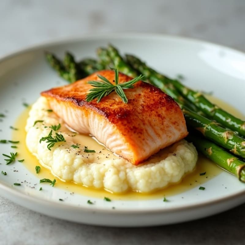 Seared Salmon with Steamed Asparagus and Cauliflower Mash