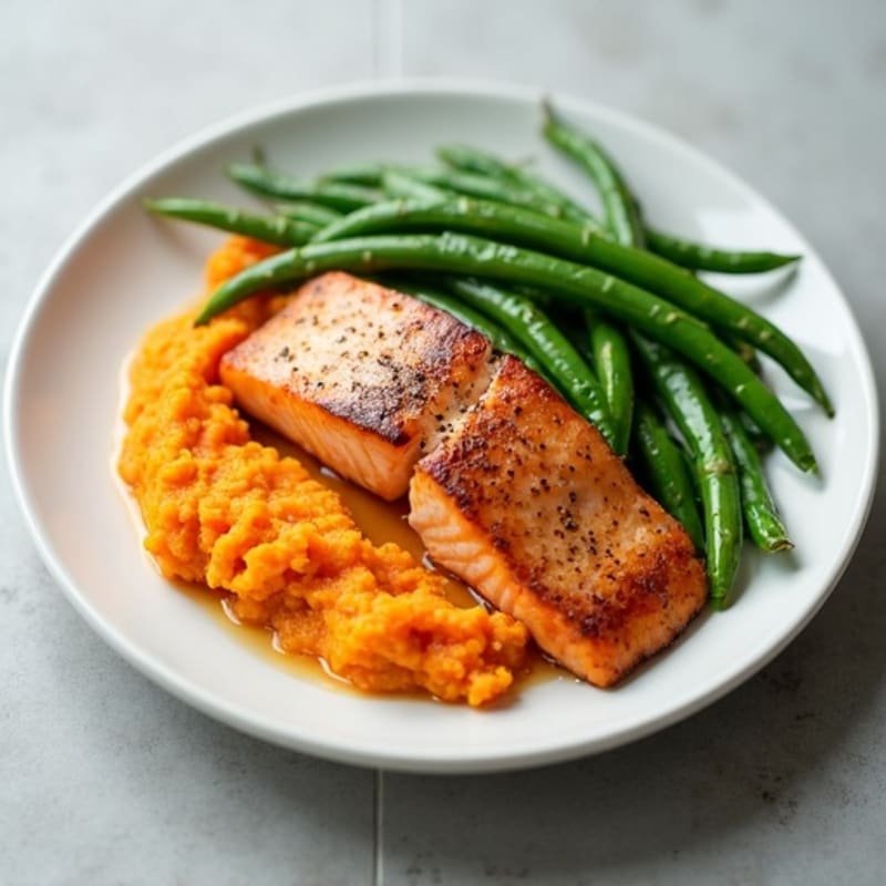 Seared Salmon with Steamed Green Beans and Sweet Potato Mash