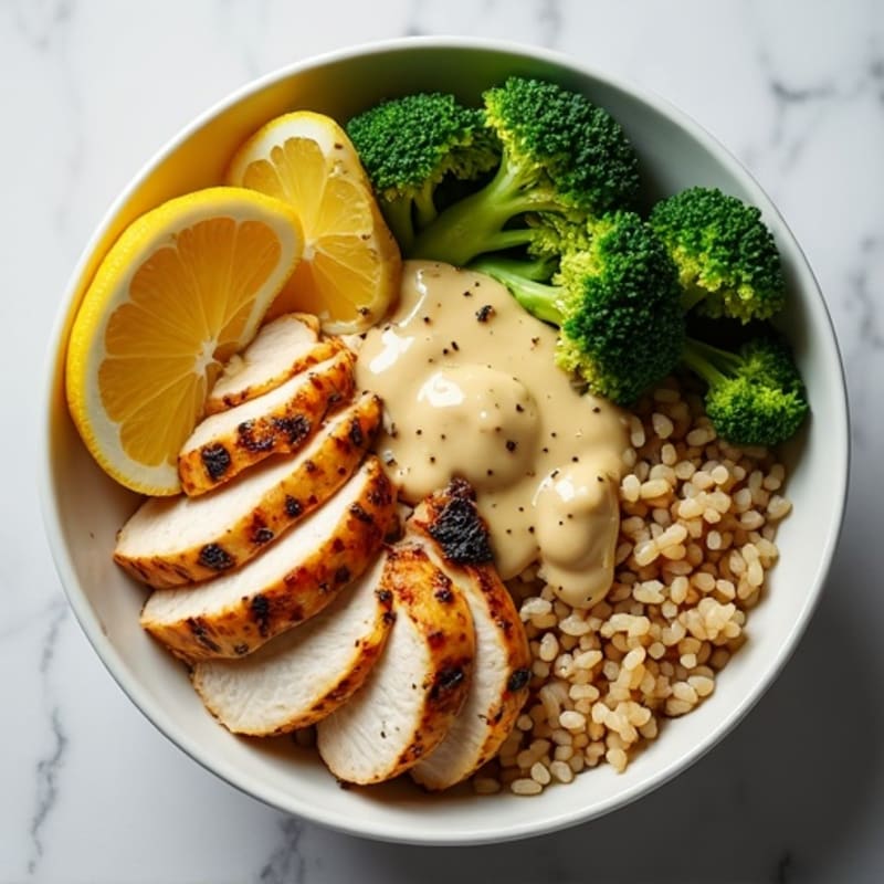 Grilled Chicken Rice Bowl with Broccoli and Lemon Tahini Drizzle