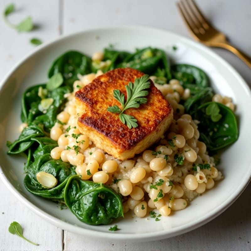 Seared Tempeh with Garlic Spinach and White Bean Mash