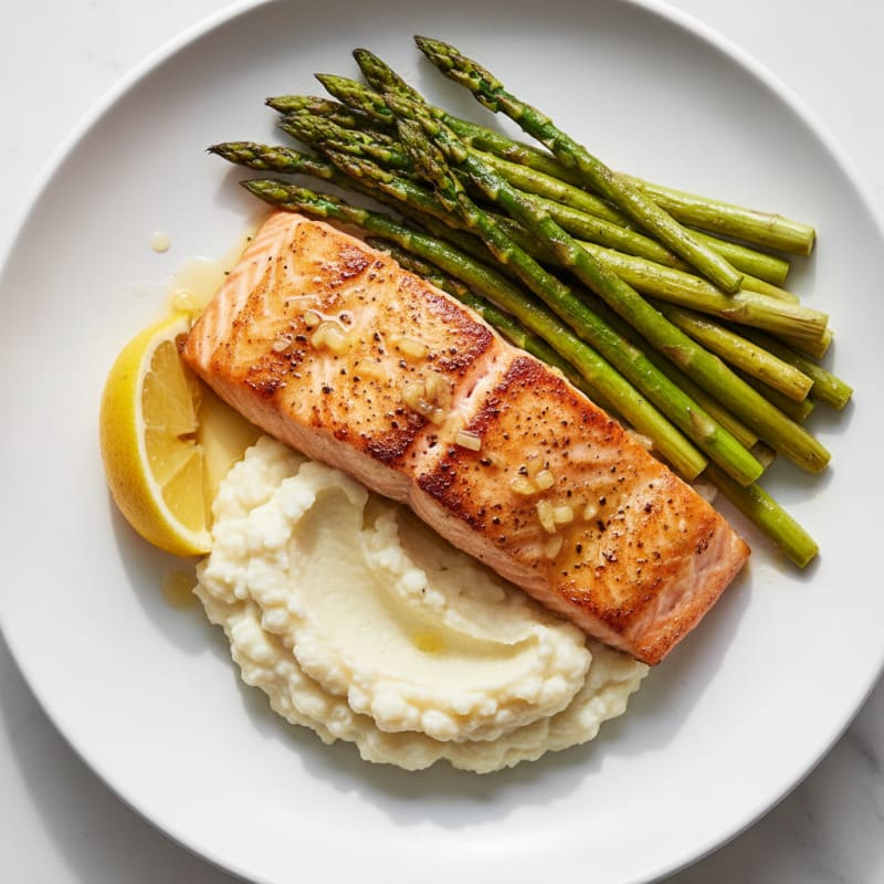 Seared Salmon Fillet with Roasted Asparagus and Cauliflower Mash