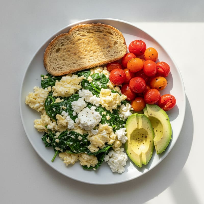 Egg White Spinach Scramble with Cottage Cheese and Cherry Tomatoes