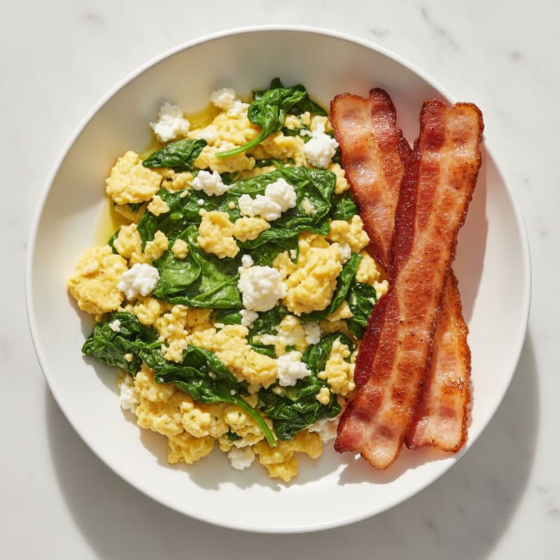 Cottage Cheese Egg Scramble with Sautéed Spinach and Turkey Bacon