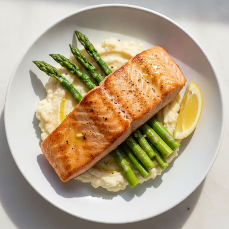 Seared Salmon Fillet with Steamed Asparagus and Cauliflower Mash