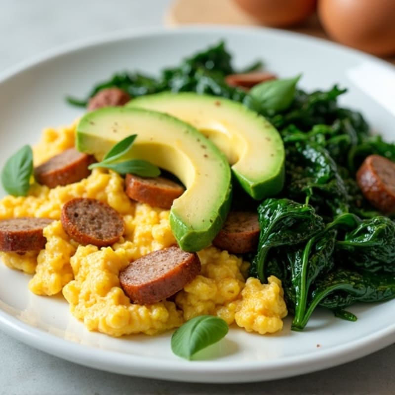 Egg White and Turkey Sausage Scramble with Sautéed Spinach