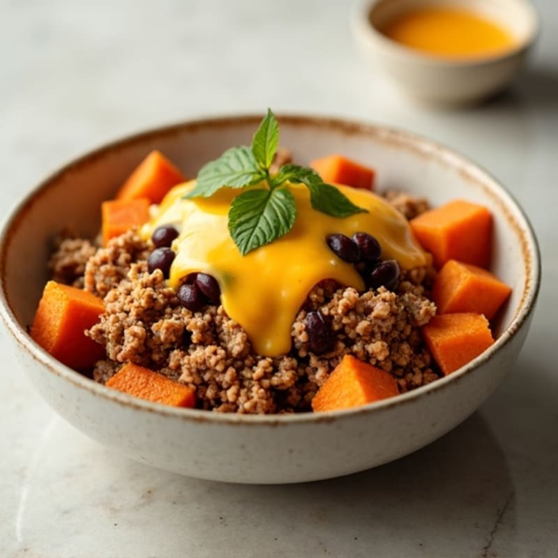 Ground Turkey Taco Bowl with Cheddar and Roasted Yams