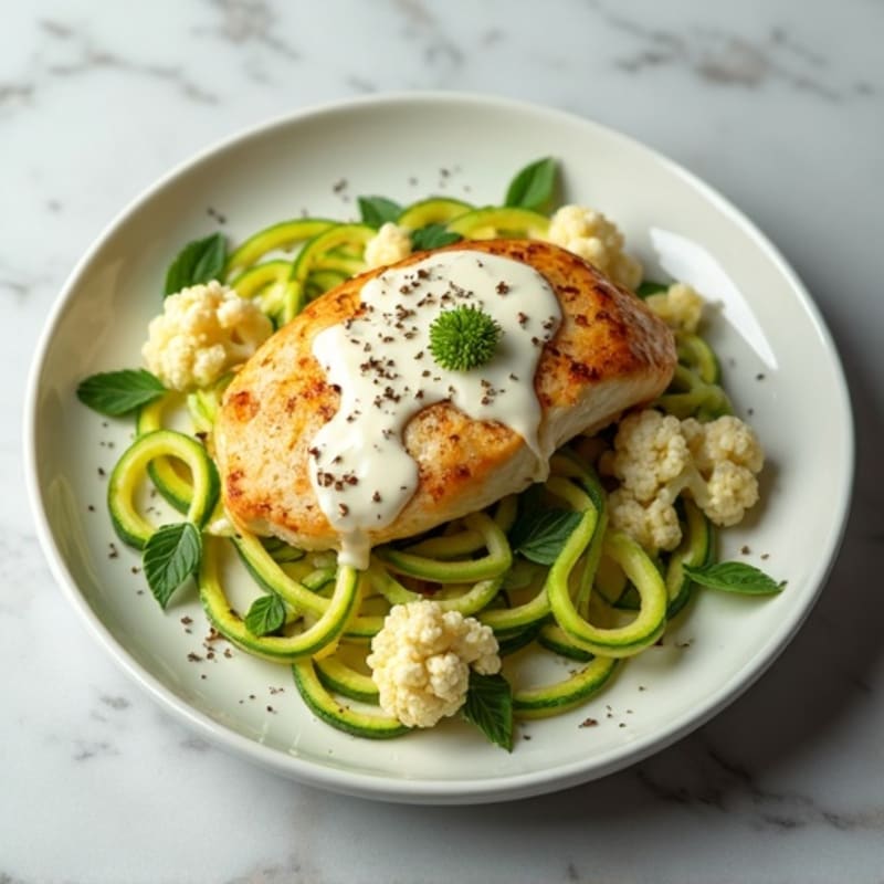 Creamy Cauliflower Alfredo Chicken with Zucchini Noodles