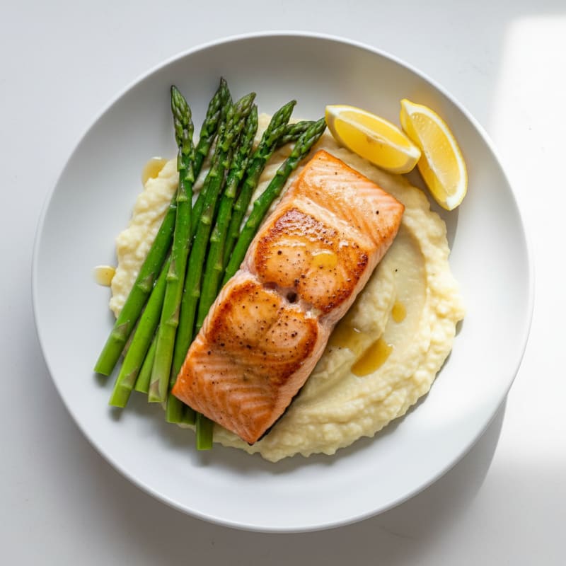Seared Salmon with Steamed Asparagus and Garlic Cauliflower Mash