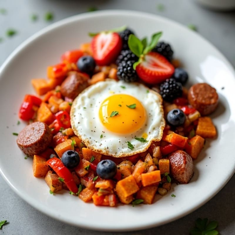 Crispy Sweet Potato Hash with Eggs and Fresh Berries