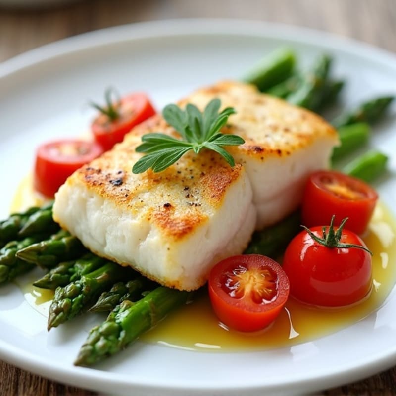 Seared Cod with Roasted Asparagus and Cherry Tomatoes