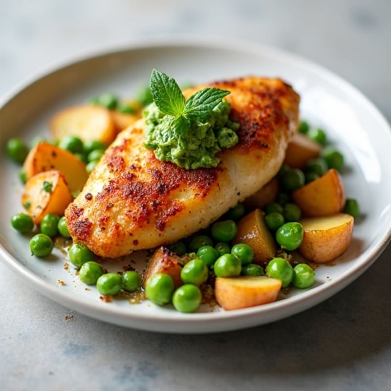 Crispy Pan-Seared Chicken with Spiced Potato and Pea Hash and Tangy Chutney